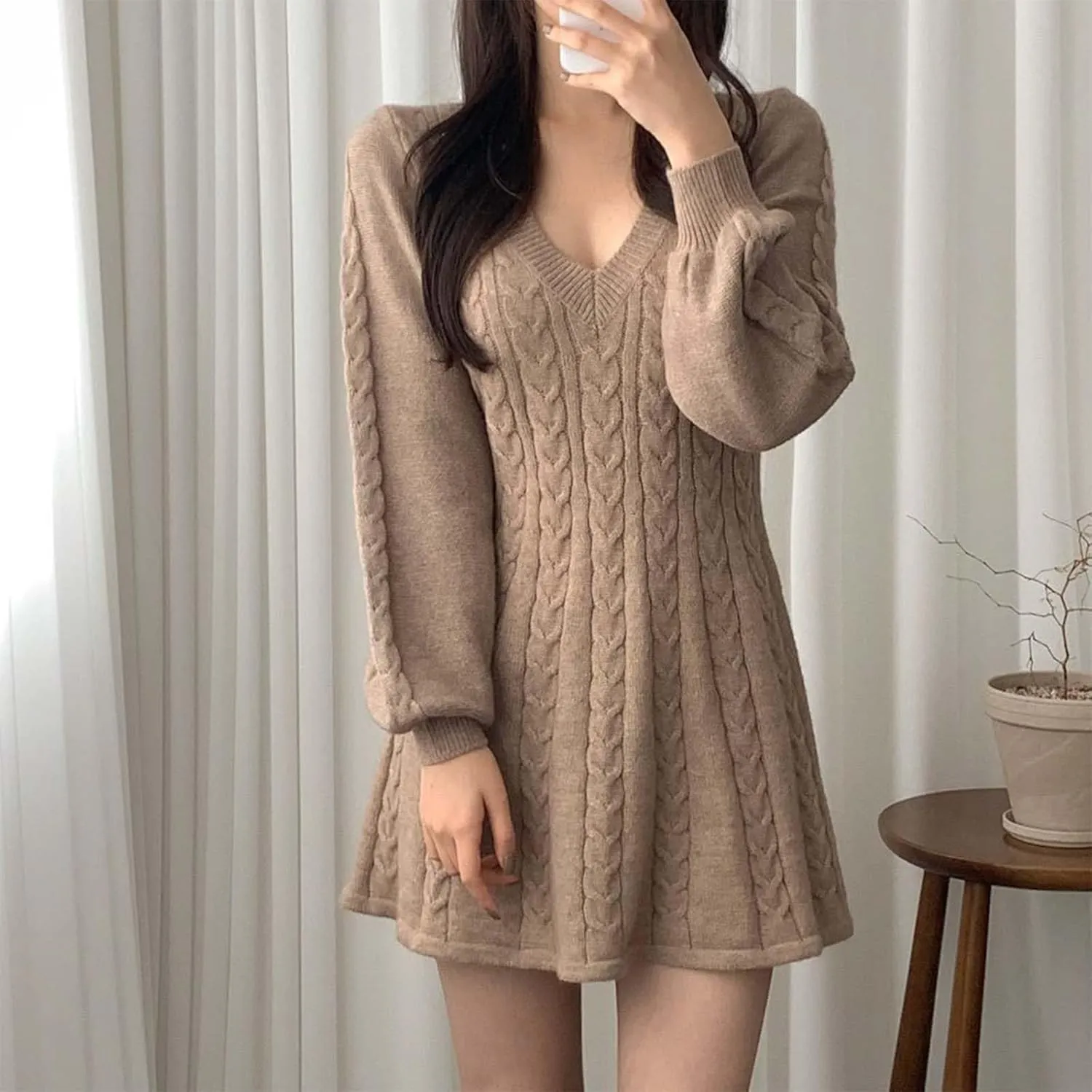 Oplxuo Women's Cable Knit Sweater Dress Casual V-Neck Long Sleeve Flared A-Line Short Mini Dresses for Fall Winter