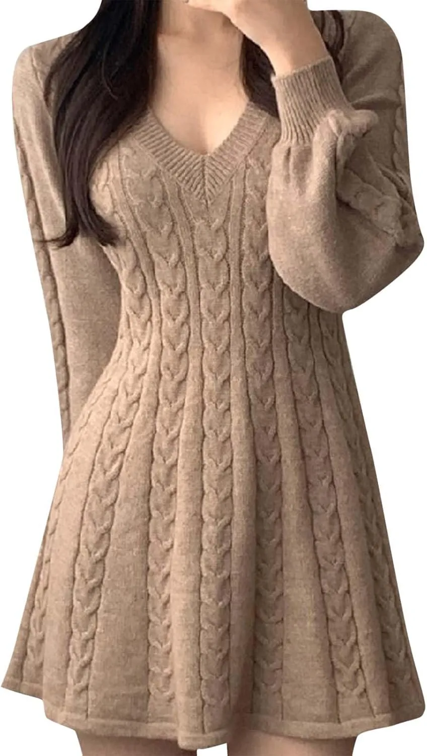 Oplxuo Women's Cable Knit Sweater Dress Casual V-Neck Long Sleeve Flared A-Line Short Mini Dresses for Fall Winter