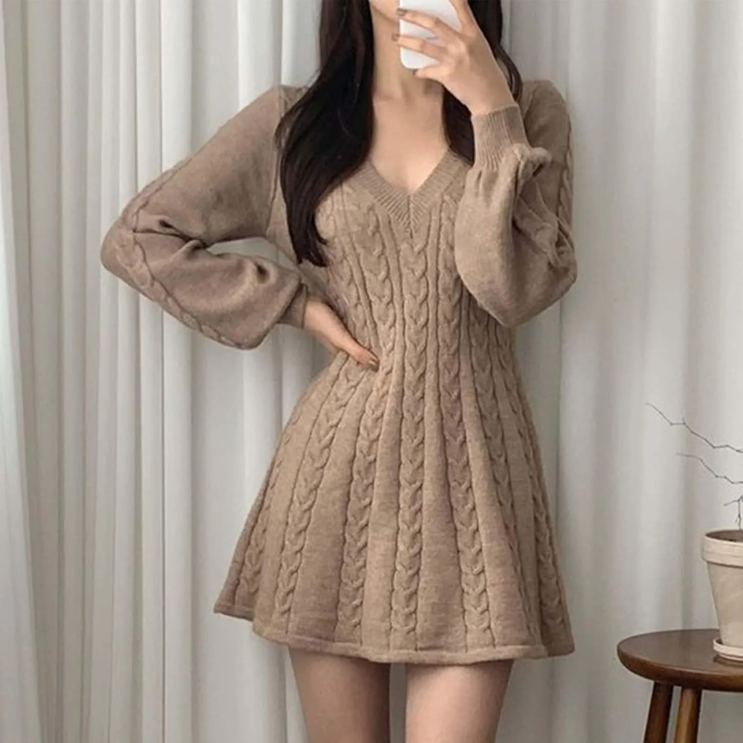 Oplxuo Women's Cable Knit Sweater Dress Casual V-Neck Long Sleeve Flared A-Line Short Mini Dresses for Fall Winter
