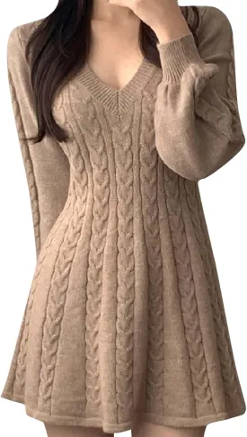 Oplxuo Women's Cable Knit Sweater Dress Casual V-Neck Long Sleeve Flared A-Line Short Mini Dresses for Fall Winter