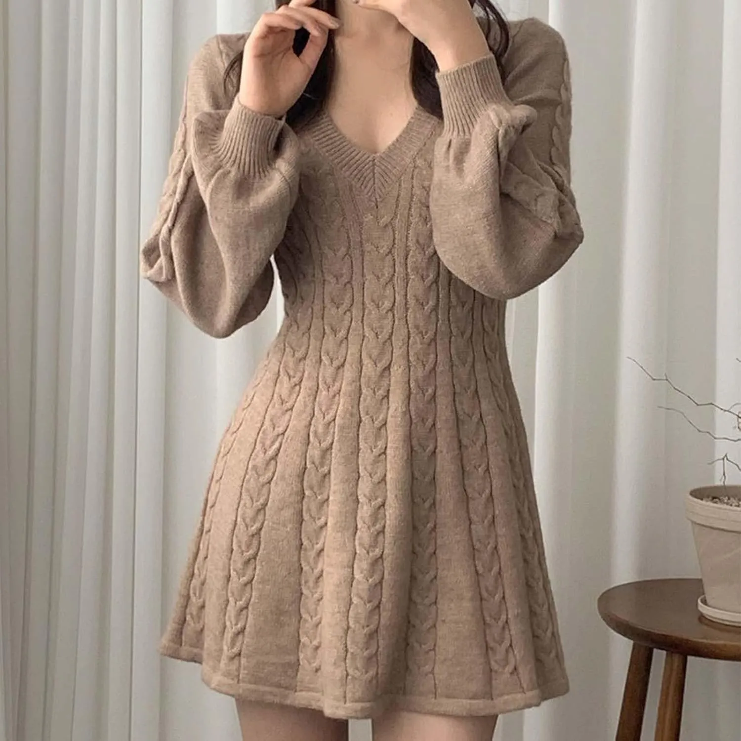 Oplxuo Women's Cable Knit Sweater Dress Casual V-Neck Long Sleeve Flared A-Line Short Mini Dresses for Fall Winter