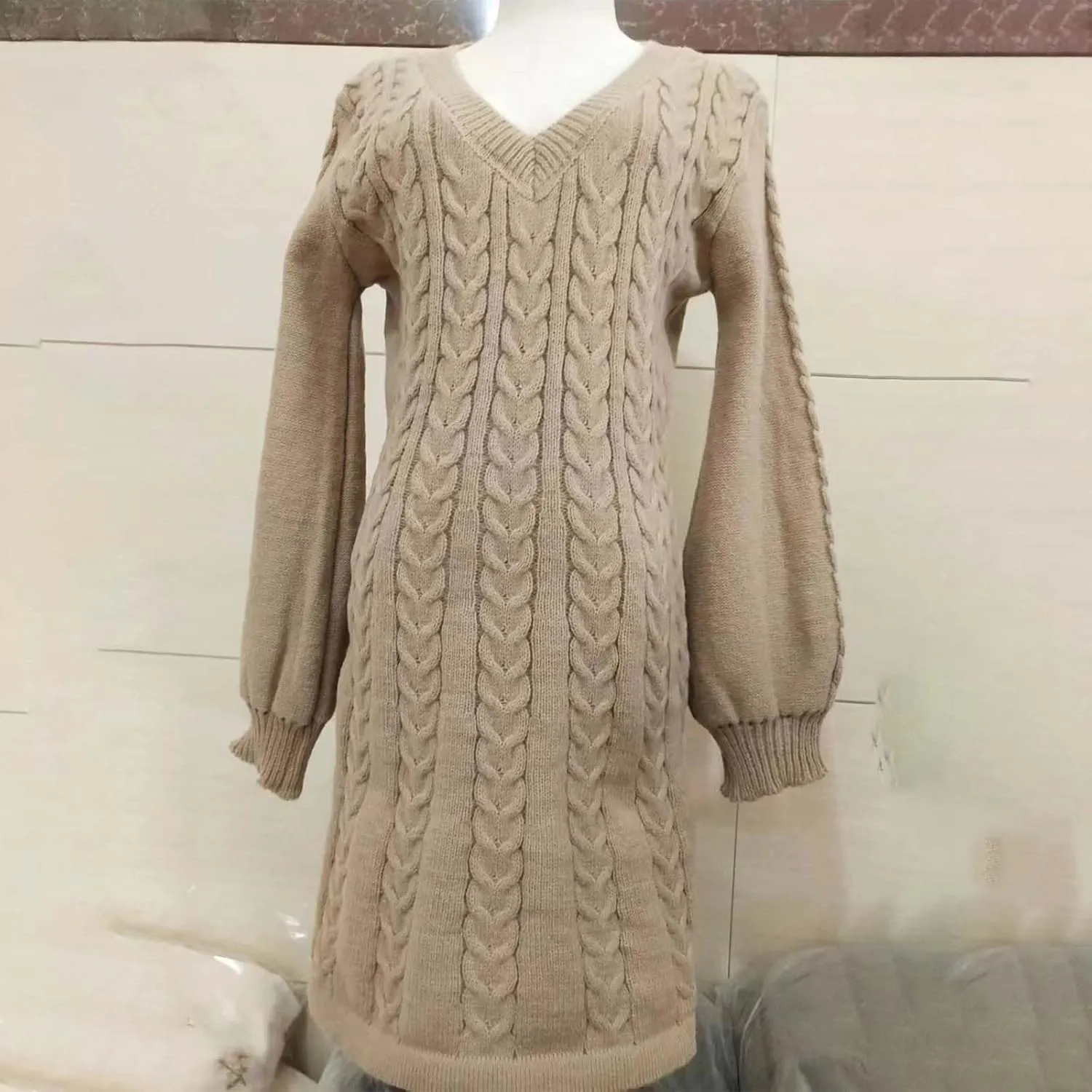 Oplxuo Women's Cable Knit Sweater Dress Casual V-Neck Long Sleeve Flared A-Line Short Mini Dresses for Fall Winter