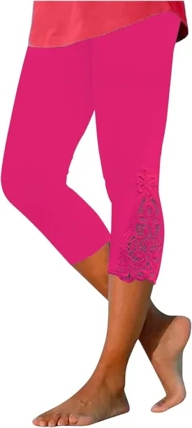 Oplxuo Women's Floral Lace Stitching Capri Leggings Stretchy High Waist Yoga Cropped Pants Lightweight Tights Leggings