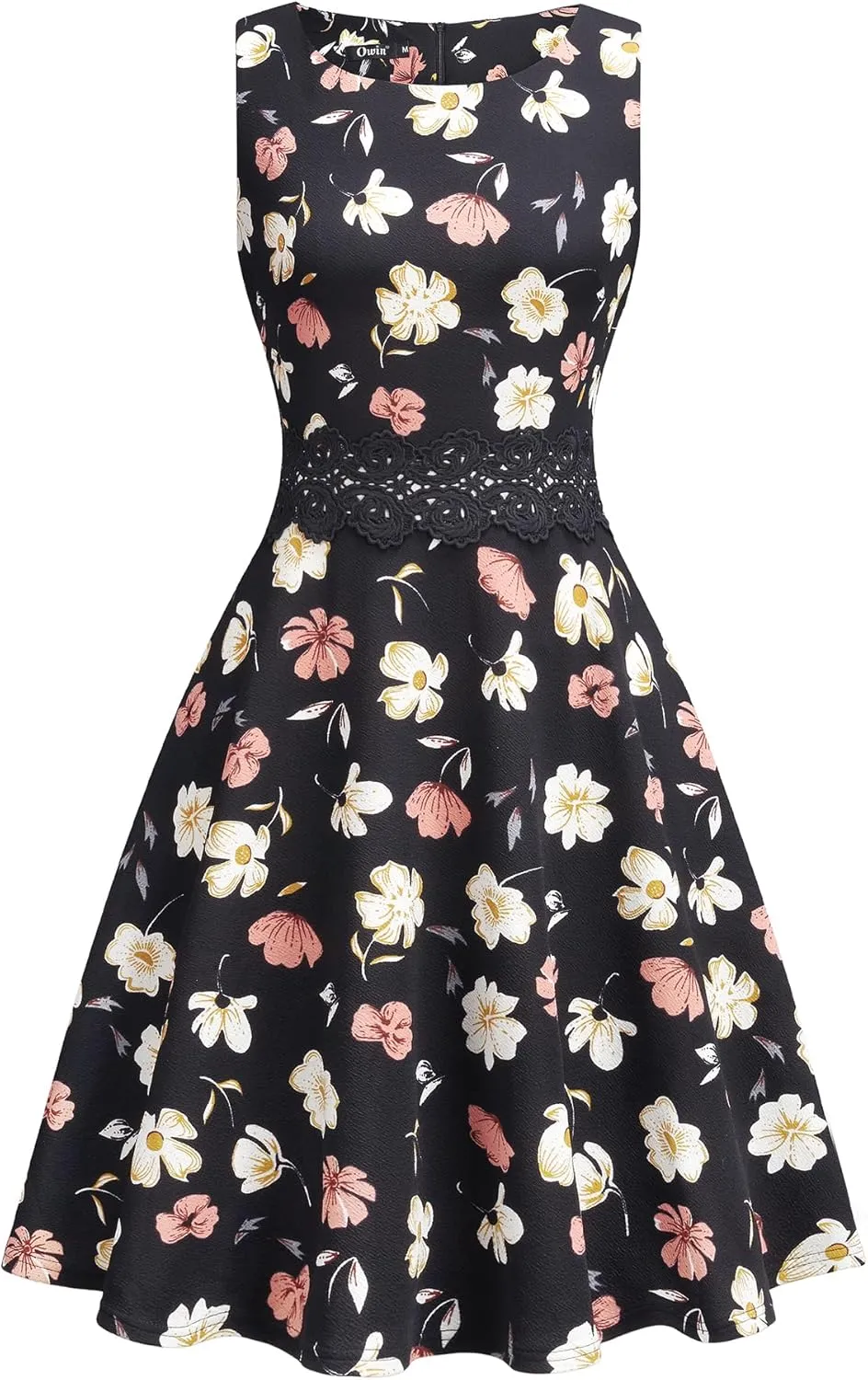 OWIN Women's Vintage Floral Lace Flared A-Line Swing Casual Party Cocktail Dresses Sleeveless
