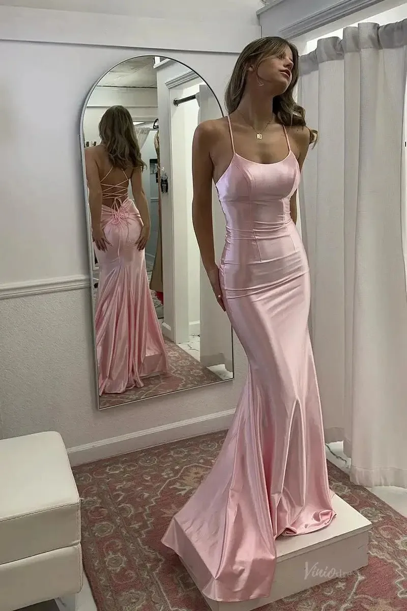 Pink Satin Mermaid Prom Dresses 2025 with Spaghetti Strap & Lace Up Back – FD5086
