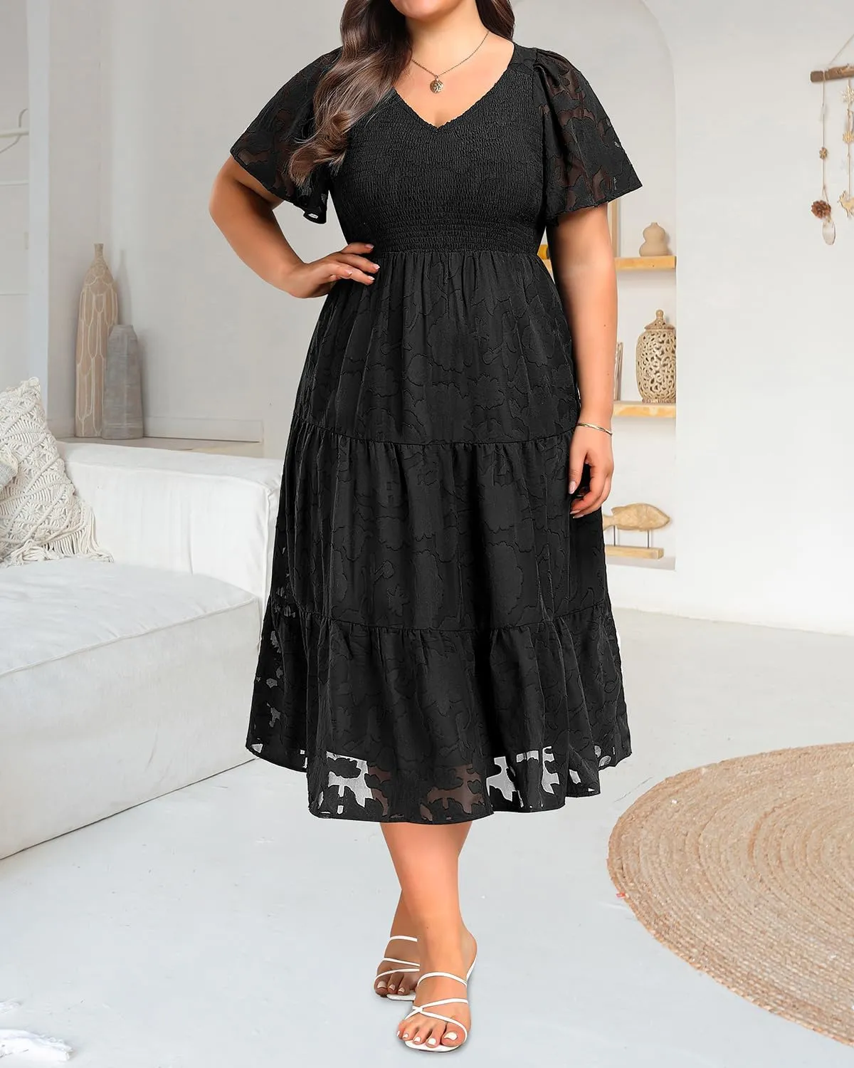 Pinup Fashion Plus Size Summer Casual V Neck Flutter Sleeve Floral Lace Smocked Flowy Tiered Midi Dresses 2024