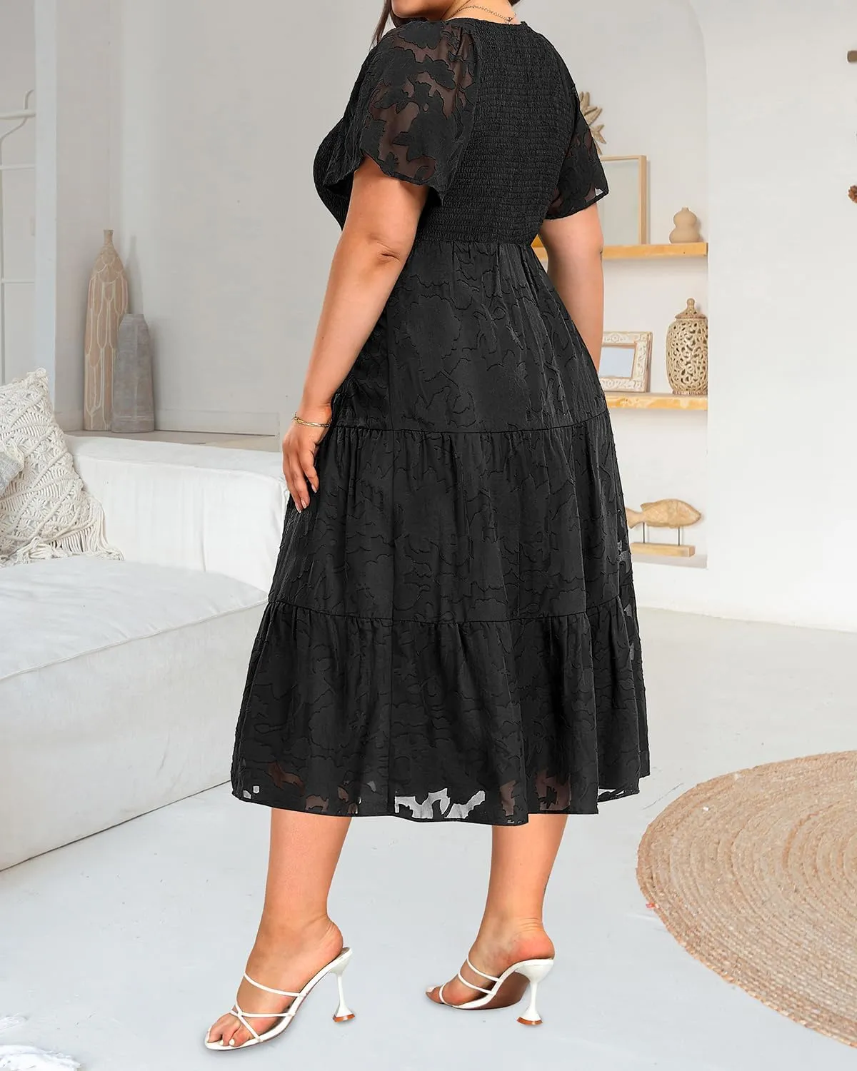 Pinup Fashion Plus Size Summer Casual V Neck Flutter Sleeve Floral Lace Smocked Flowy Tiered Midi Dresses 2024