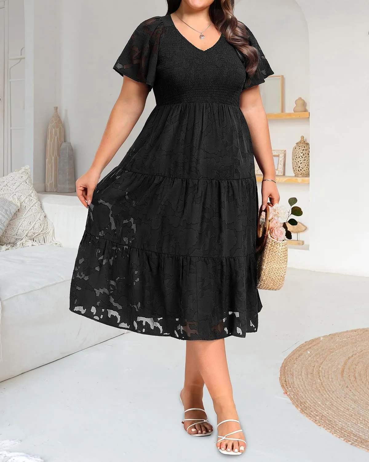 Pinup Fashion Plus Size Summer Casual V Neck Flutter Sleeve Floral Lace Smocked Flowy Tiered Midi Dresses 2024