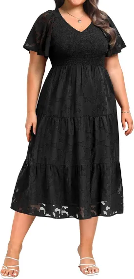 Pinup Fashion Plus Size Summer Casual V Neck Flutter Sleeve Floral Lace Smocked Flowy Tiered Midi Dresses 2024