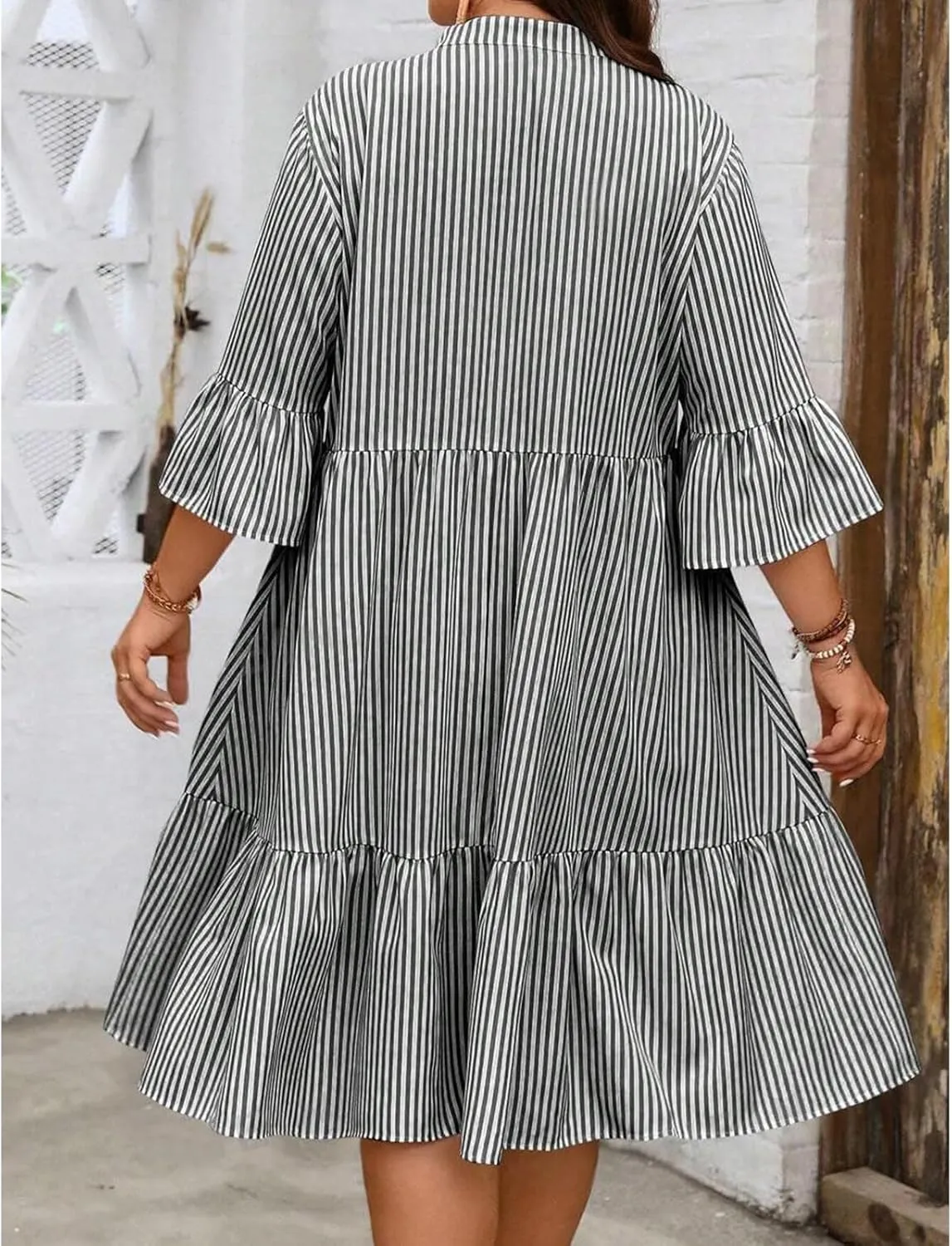 Plus Size Dreeses for Women V Neck Short Sleeve Dresses Oversized Ruffle Tiered Sundress Casual Striped Dress 2025