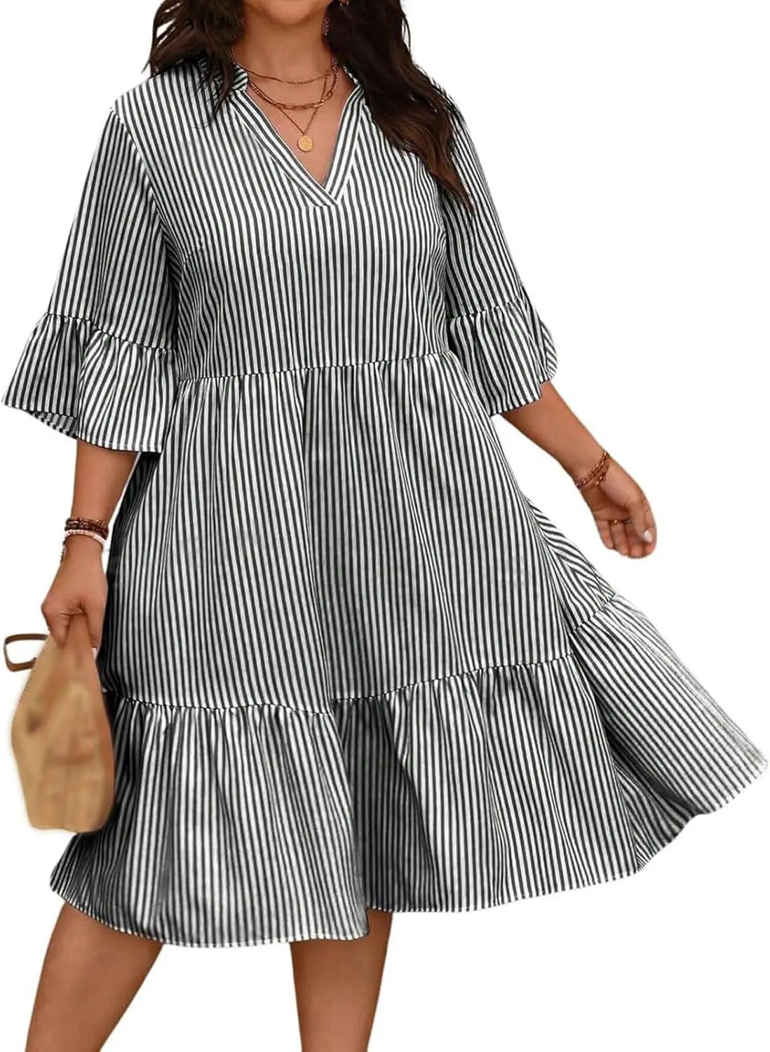Plus Size Dreeses for Women V Neck Short Sleeve Dresses Oversized Ruffle Tiered Sundress Casual Striped Dress 2025
