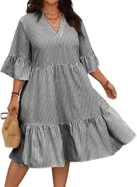 Plus Size Dreeses for Women V Neck Short Sleeve Dresses Oversized Ruffle Tiered Sundress Casual Striped Dress 2025