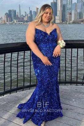Plus Size Strapless Sequins Royal Blue Sparkly Mermaid Prom Dress