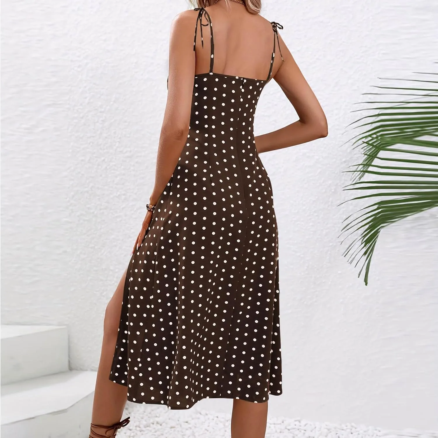 Polka Dot Slip Dress for Women A Line Sleeveless Side Slit Midi Dresses Spaghetti Strap Beach Sundresses