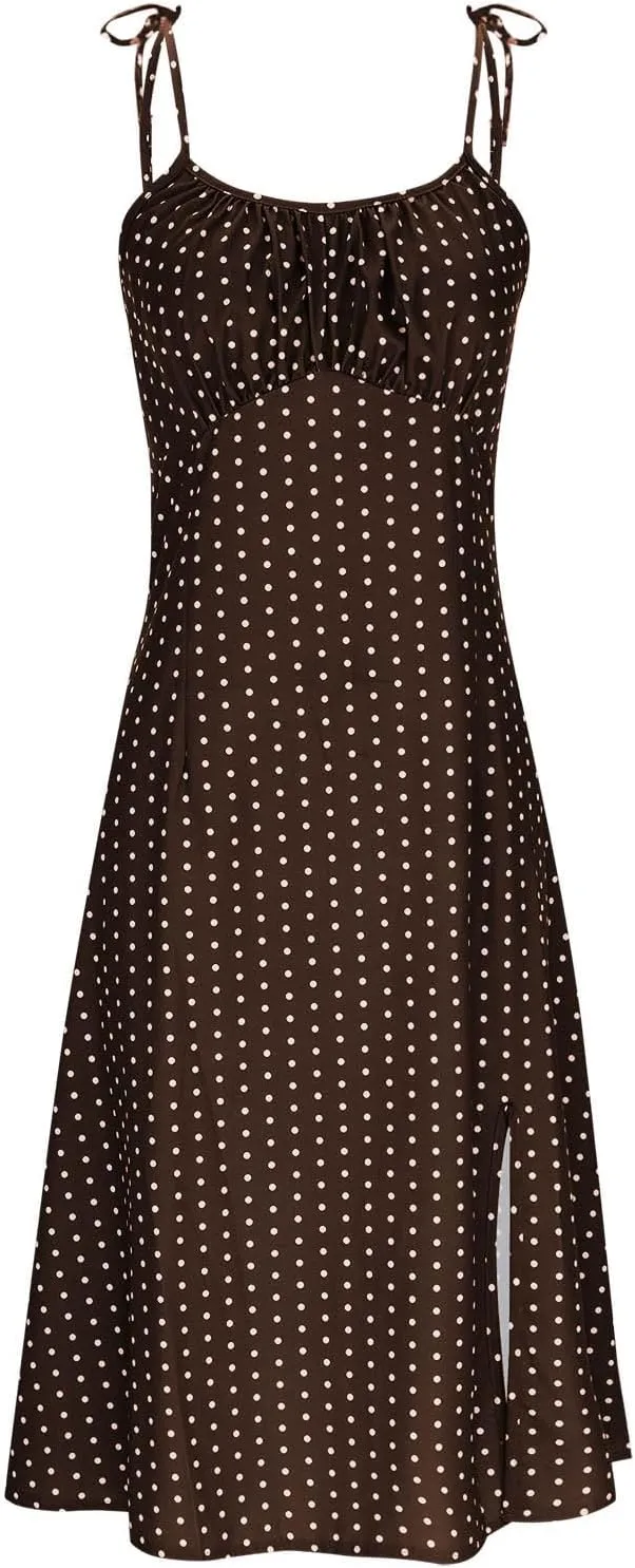 Polka Dot Slip Dress for Women A Line Sleeveless Side Slit Midi Dresses Spaghetti Strap Beach Sundresses