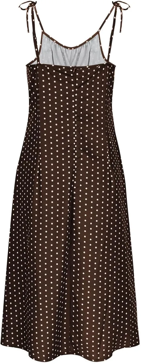 Polka Dot Slip Dress for Women A Line Sleeveless Side Slit Midi Dresses Spaghetti Strap Beach Sundresses