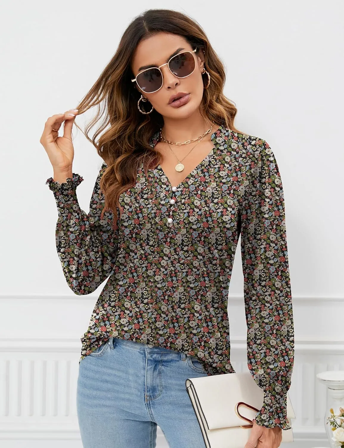 Rapbin Womens V Neck Puff Long Sleeve Button Down Tunic Blouses Fall Tops 2024 Ruffle Cuffs Dressy Casual T-Shirts