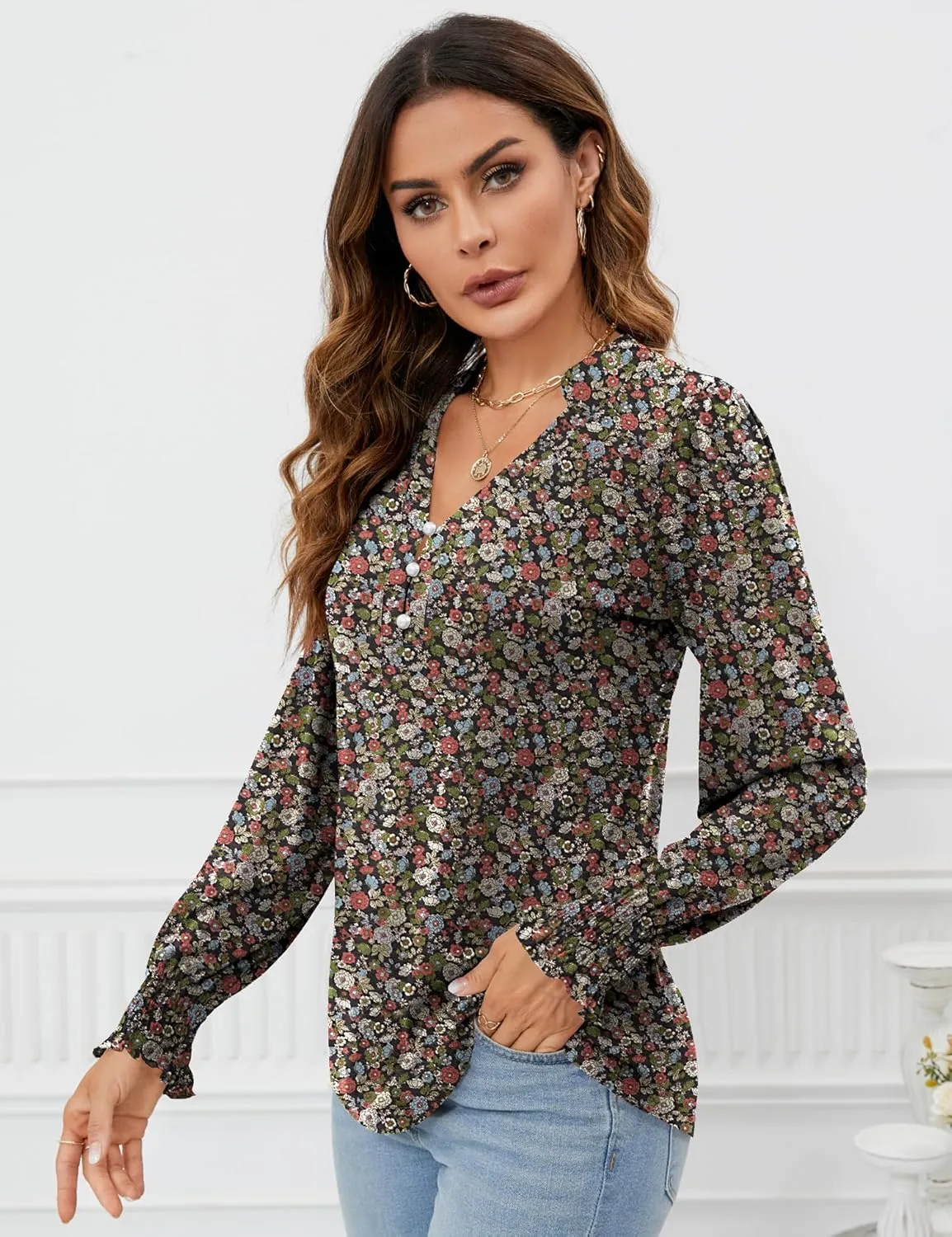 Rapbin Womens V Neck Puff Long Sleeve Button Down Tunic Blouses Fall Tops 2024 Ruffle Cuffs Dressy Casual T-Shirts