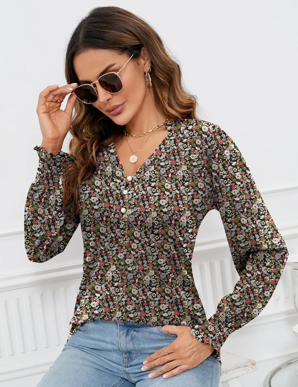 Rapbin Womens V Neck Puff Long Sleeve Button Down Tunic Blouses Fall Tops 2024 Ruffle Cuffs Dressy Casual T-Shirts