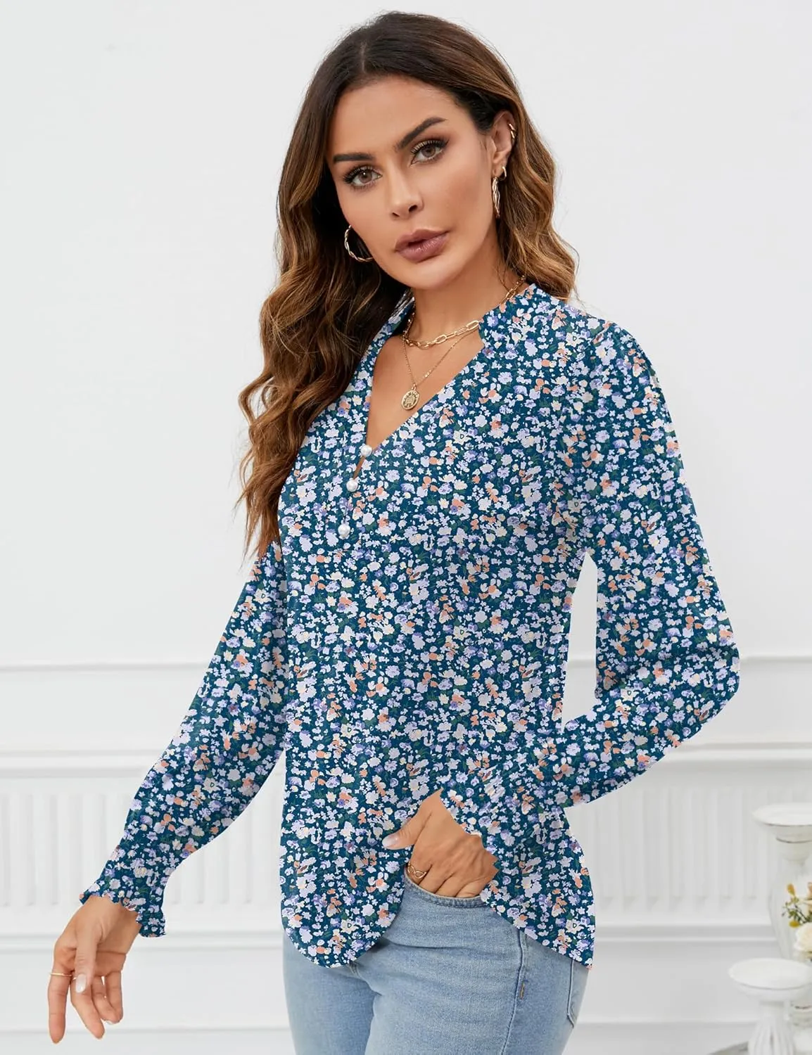 Rapbin Womens V Neck Puff Long Sleeve Button Down Tunic Blouses Fall Tops 2024 Ruffle Cuffs Dressy Casual T-Shirts