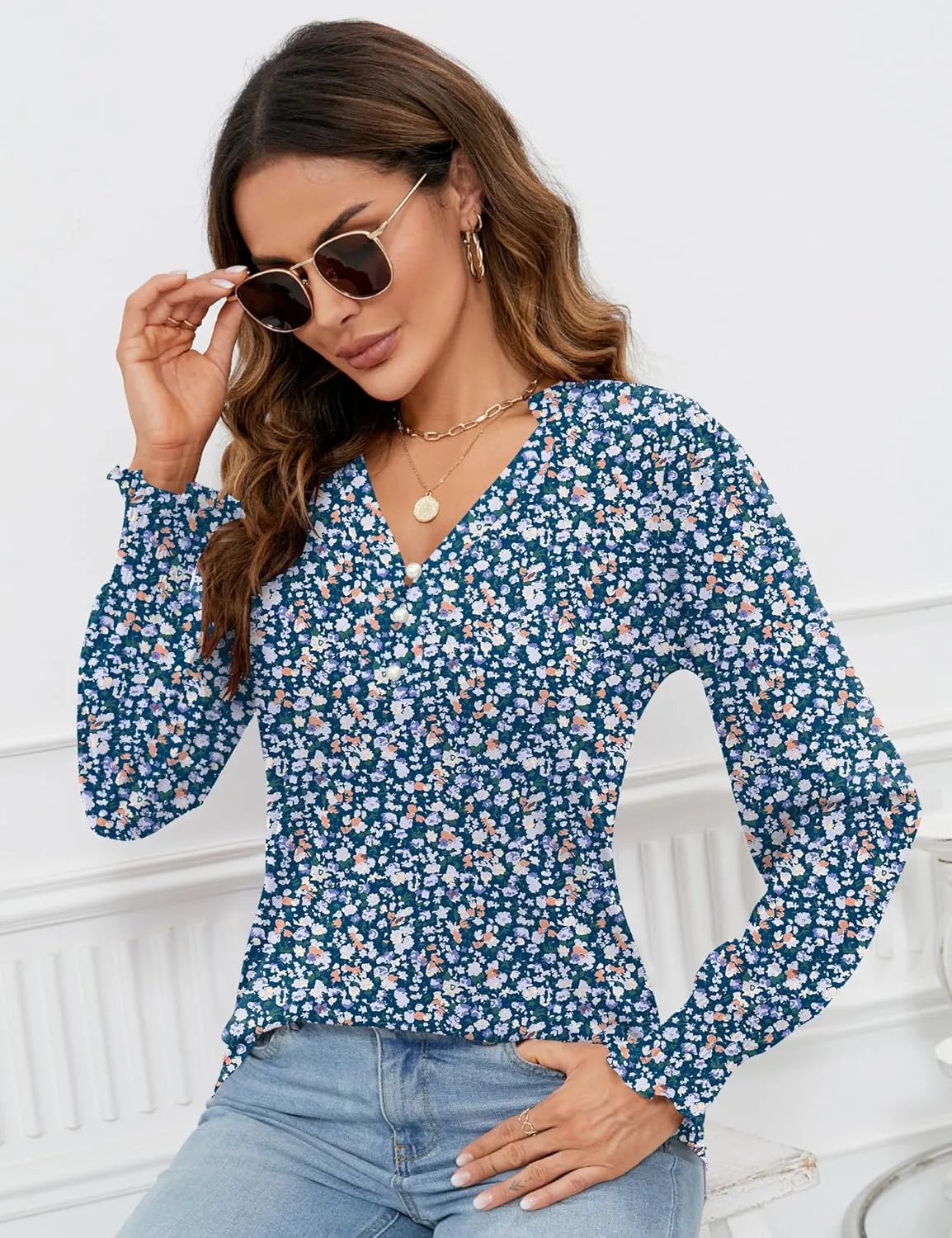 Rapbin Womens V Neck Puff Long Sleeve Button Down Tunic Blouses Fall Tops 2024 Ruffle Cuffs Dressy Casual T-Shirts