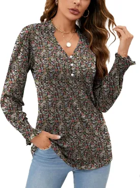 Rapbin Womens V Neck Puff Long Sleeve Button Down Tunic Blouses Fall Tops 2024 Ruffle Cuffs Dressy Casual T-Shirts