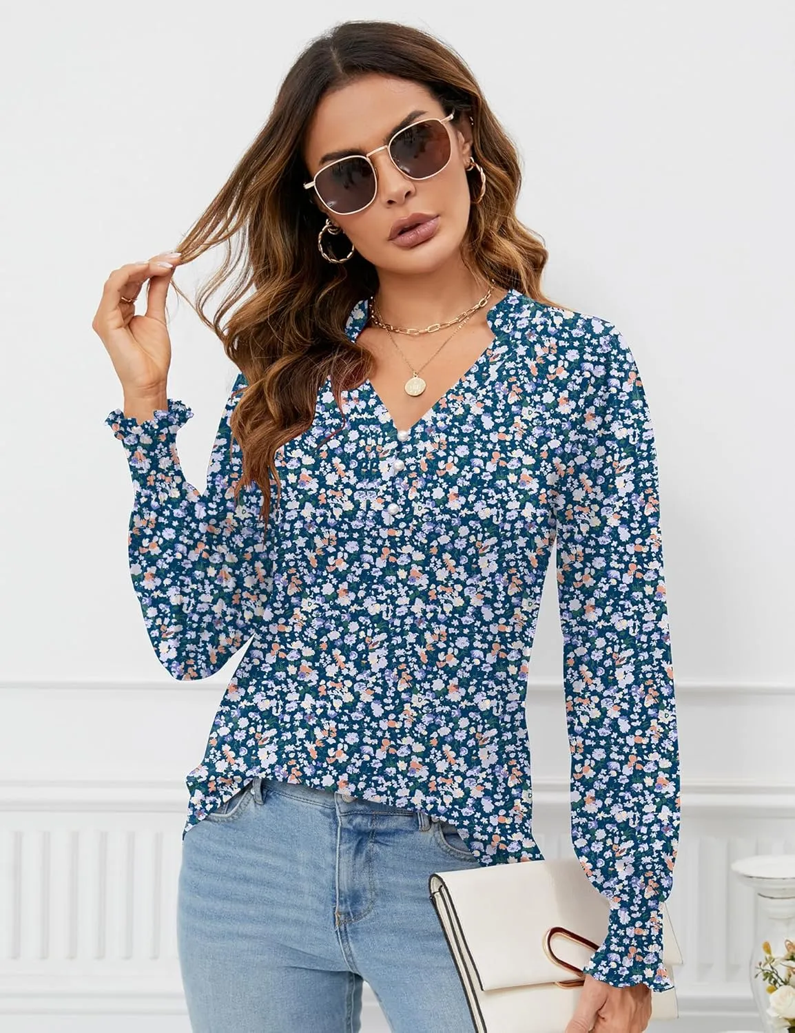 Rapbin Womens V Neck Puff Long Sleeve Button Down Tunic Blouses Fall Tops 2024 Ruffle Cuffs Dressy Casual T-Shirts