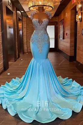 Rhinestones Pool Blue Spandex Knit Mermaid Long Train Prom Dress