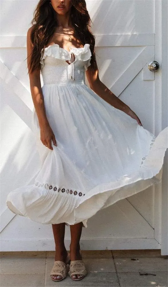 SAUKOLE Women's Summer Sleeveless Strapless Ruffle Off The Shoulder Swing Cocktail Party Dress