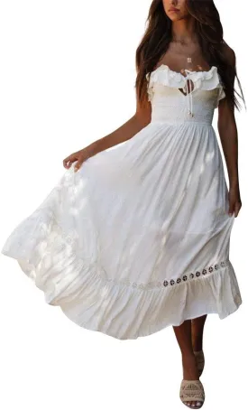 SAUKOLE Women's Summer Sleeveless Strapless Ruffle Off The Shoulder Swing Cocktail Party Dress