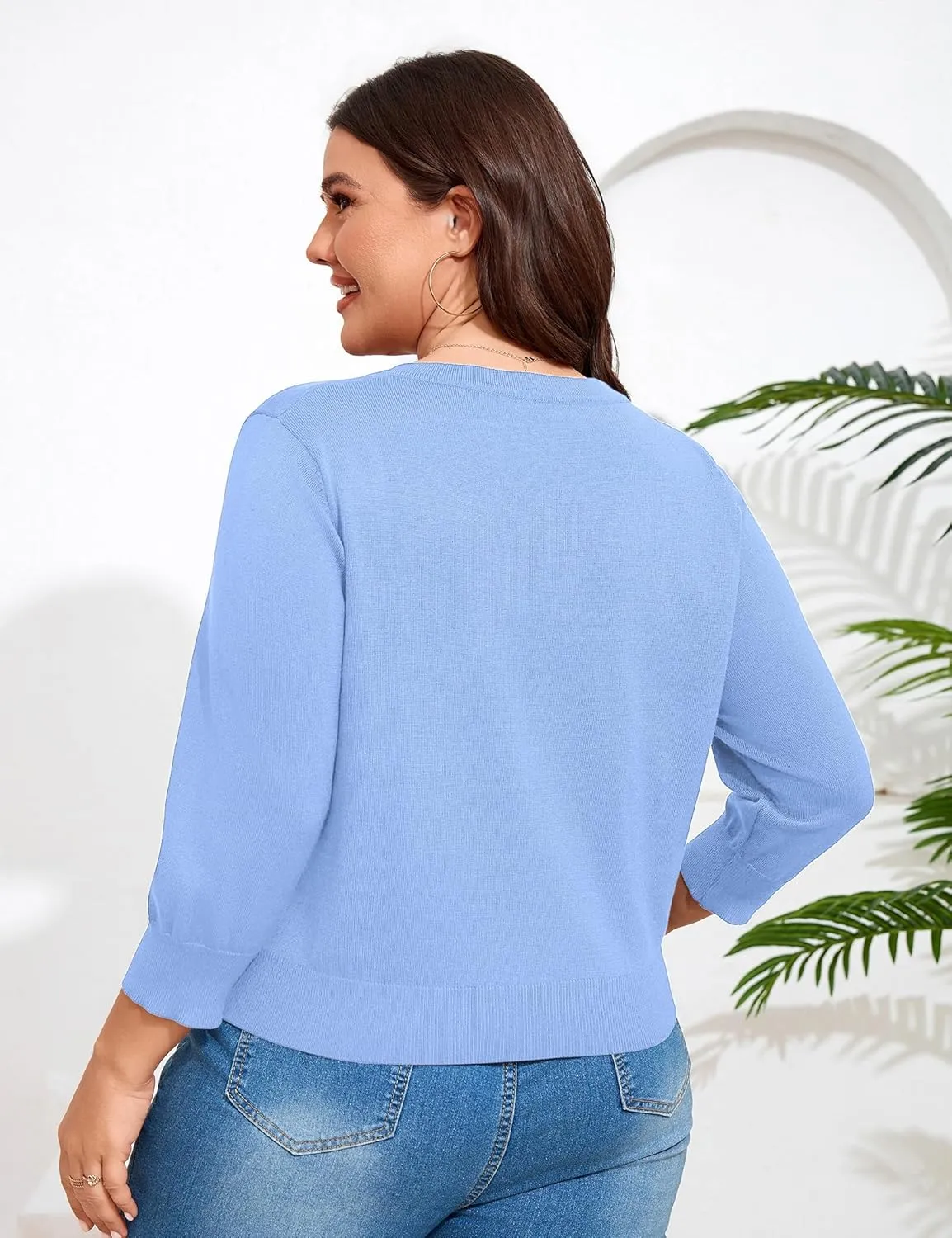 ShopWonder Women Plus Size Cardigan 3/4 Sleeve Crew Neck Bolero Button Down Sweaters Open Front Knit Bolero Shrugs