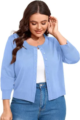 ShopWonder Women Plus Size Cardigan 3/4 Sleeve Crew Neck Bolero Button Down Sweaters Open Front Knit Bolero Shrugs