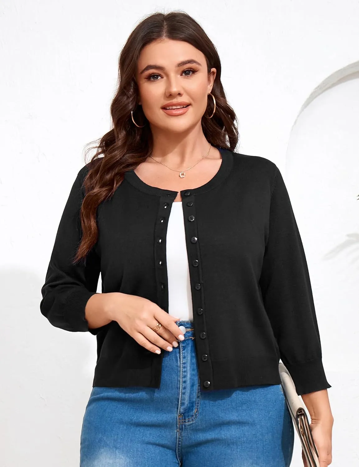 ShopWonder Women Plus Size Cardigan 3/4 Sleeve Crew Neck Bolero Button Down Sweaters Open Front Knit Bolero Shrugs