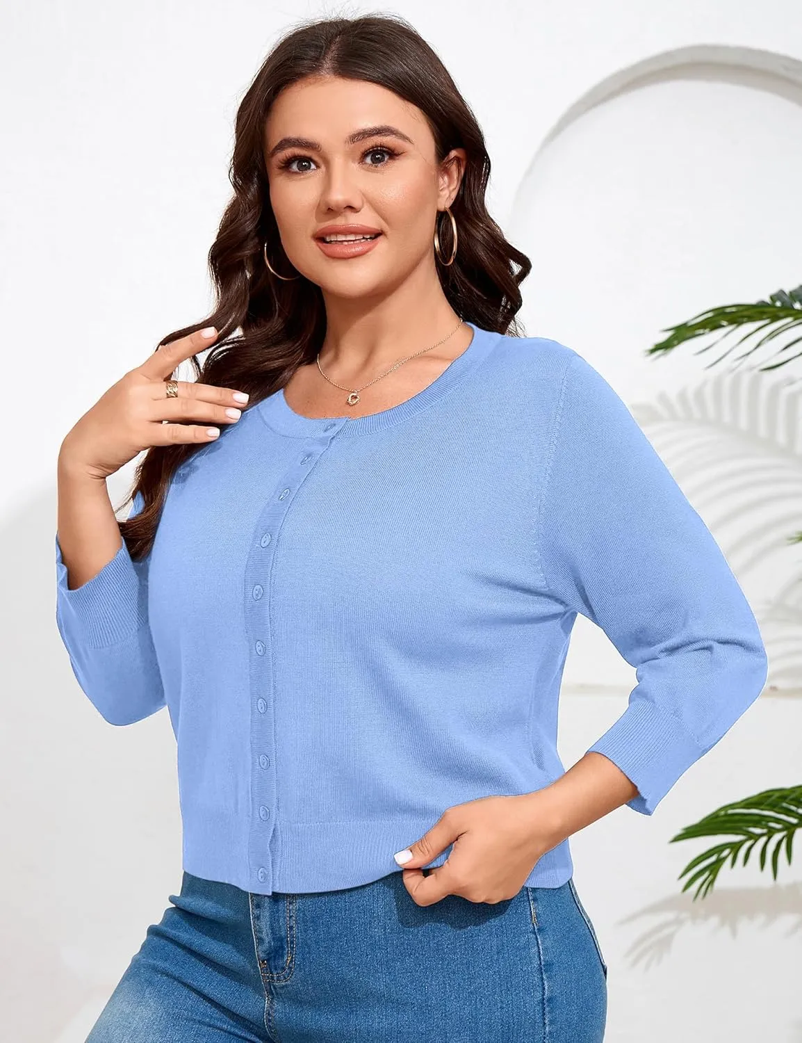 ShopWonder Women Plus Size Cardigan 3/4 Sleeve Crew Neck Bolero Button Down Sweaters Open Front Knit Bolero Shrugs