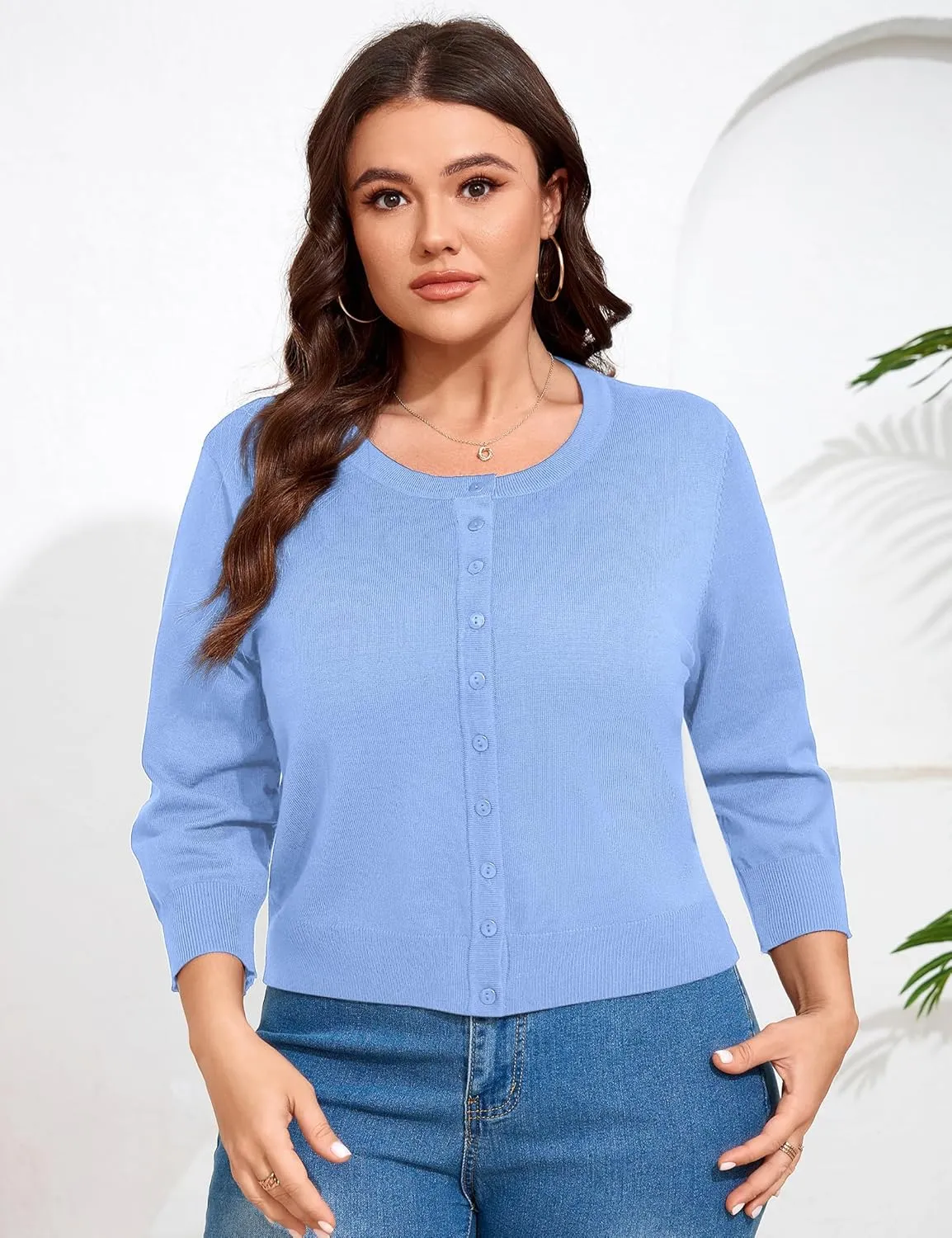 ShopWonder Women Plus Size Cardigan 3/4 Sleeve Crew Neck Bolero Button Down Sweaters Open Front Knit Bolero Shrugs