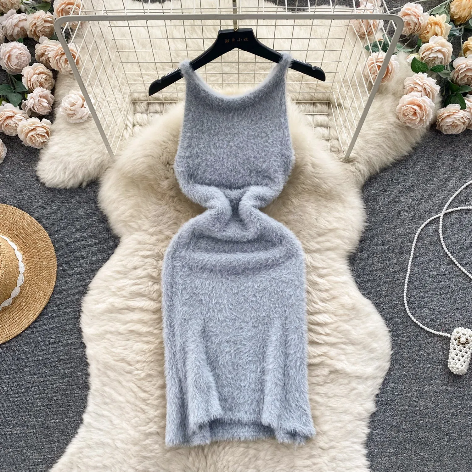Solid Color Soft Furry Knitted Dress