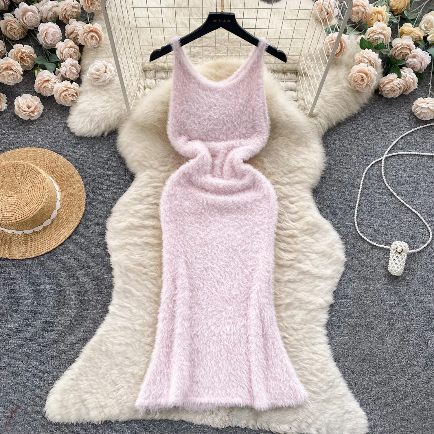 Solid Color Soft Furry Knitted Dress