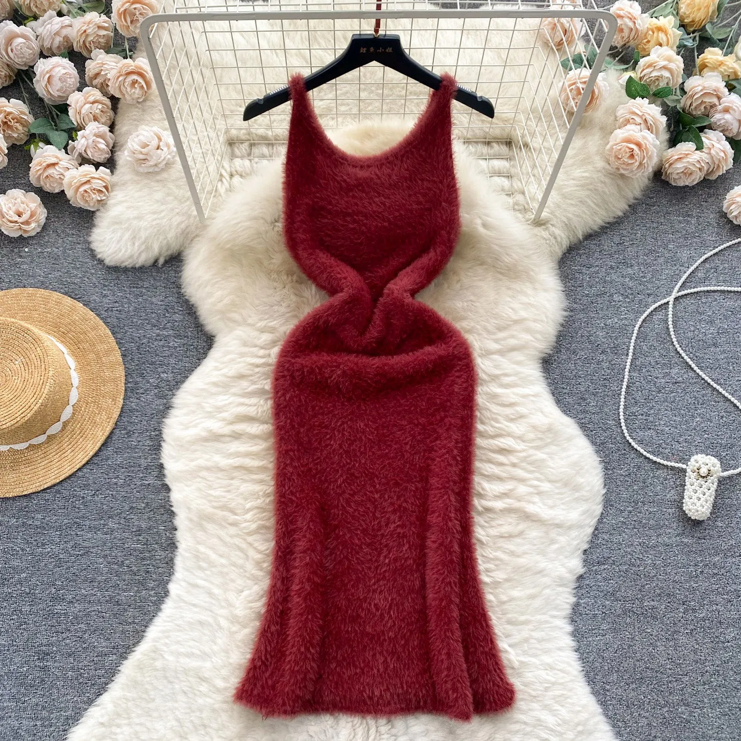 Solid Color Soft Furry Knitted Dress