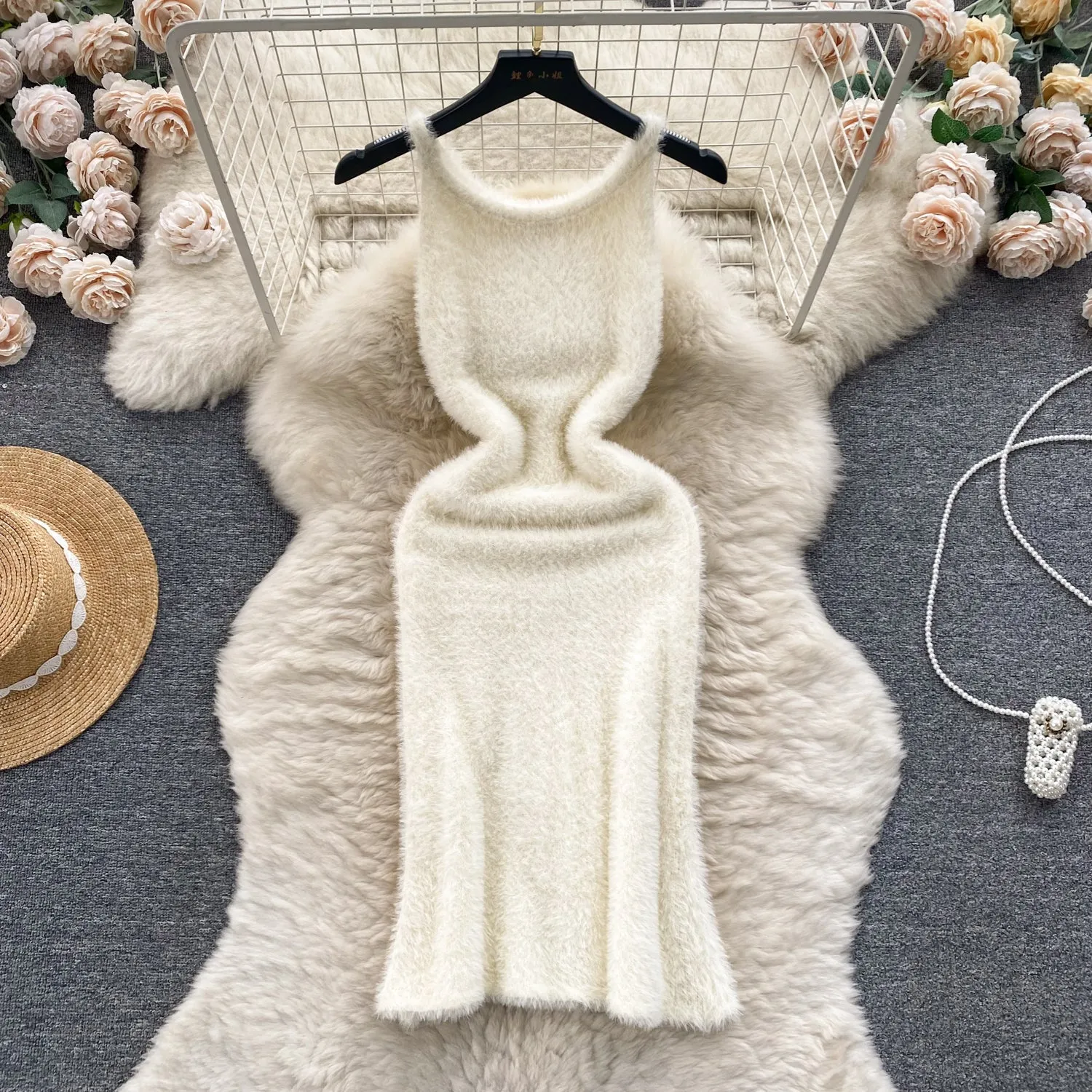 Solid Color Soft Furry Knitted Dress