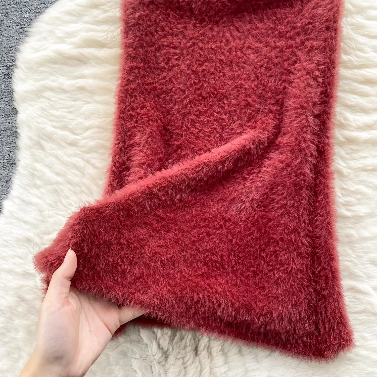Solid Color Soft Furry Knitted Dress
