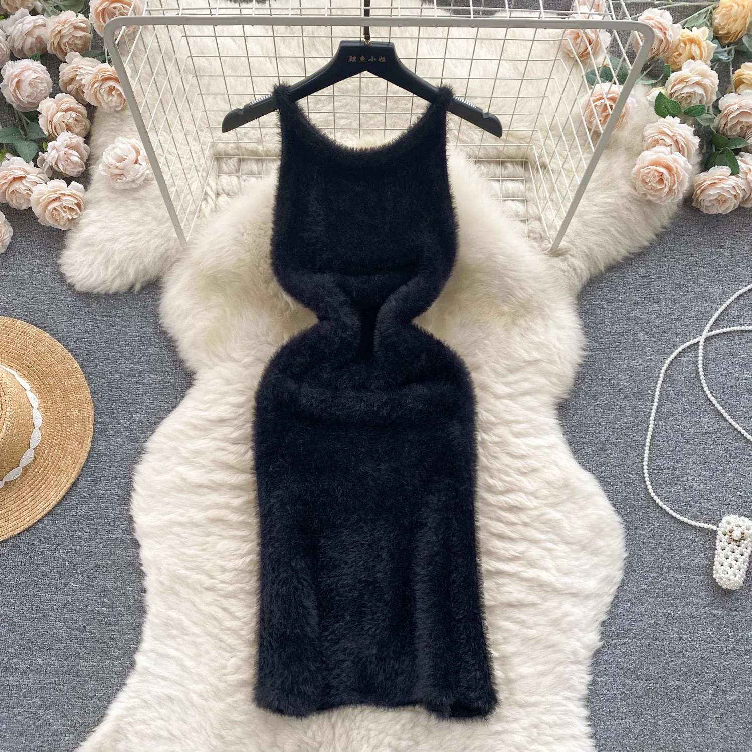 Solid Color Soft Furry Knitted Dress