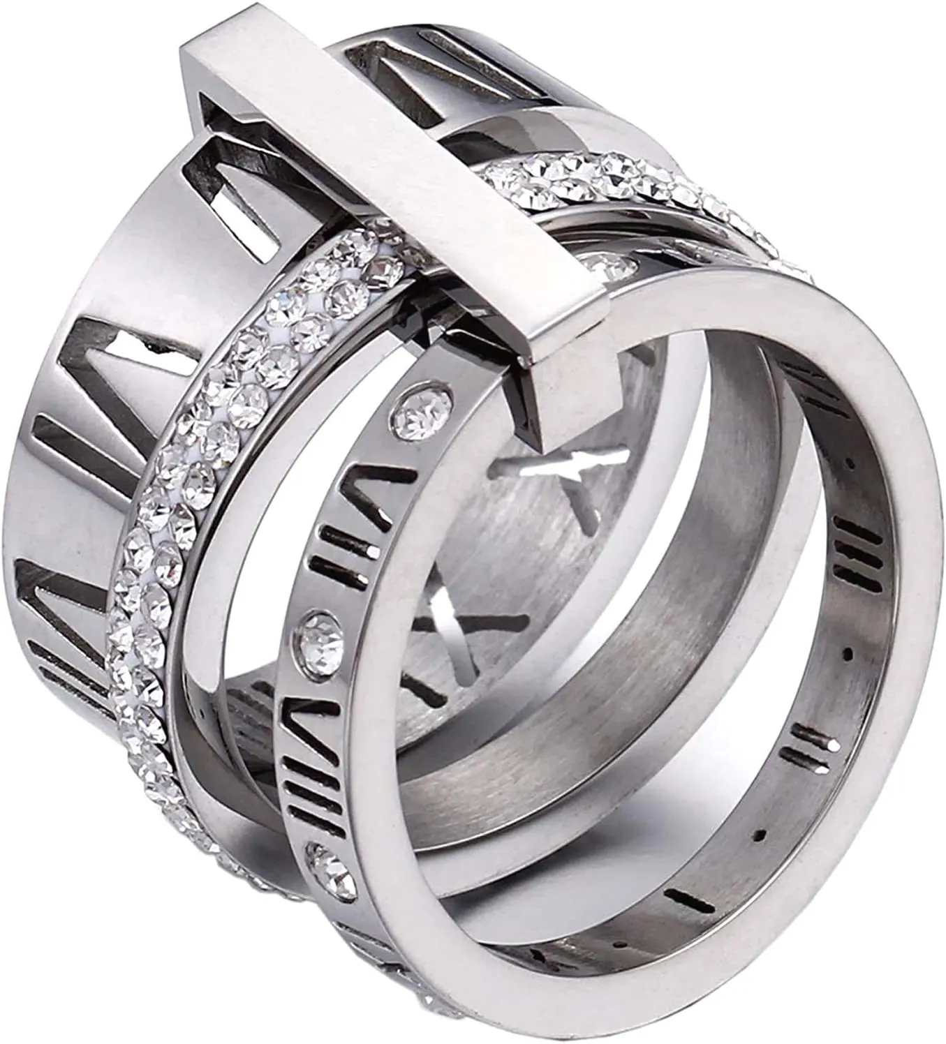 Stainless Steel CZ Zirconia Roman Numeral Ring For Women Stacking Thumb 3 in 1 Spinner Rings