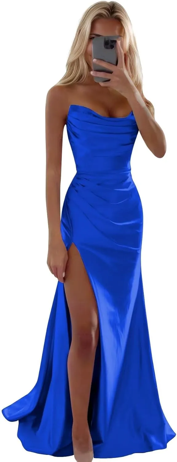 Strapless Satin Prom Dresses with Slit Long Mermaid Formal Bridesmaid Dresses for Women