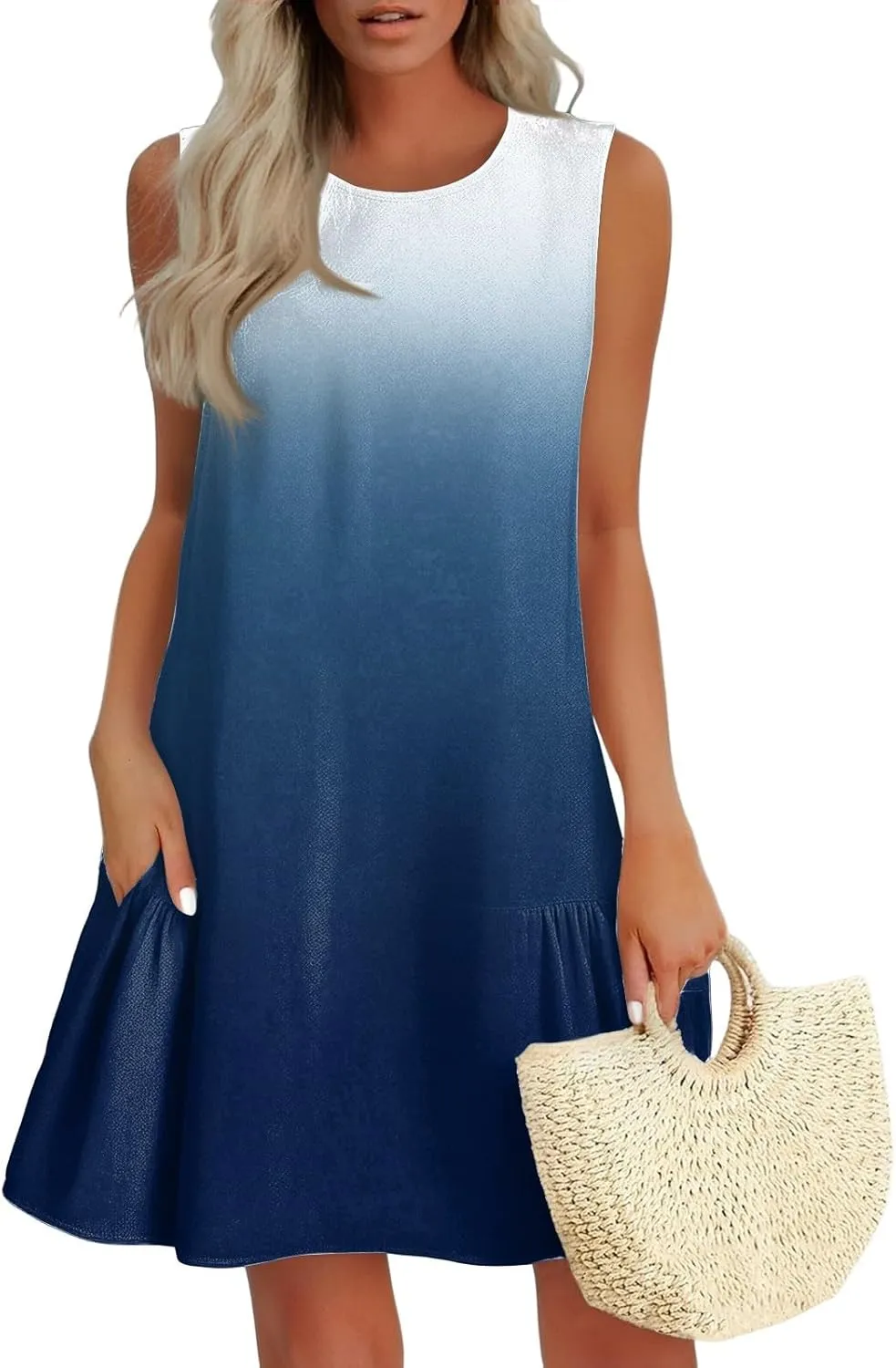 Summer Dresses for Women 2025 Beach Vacation Spring Clothes Sleeveless Round Neck Casual Sun Dress