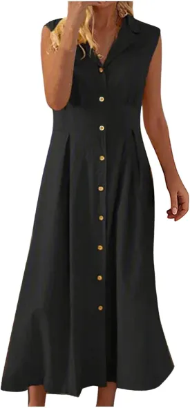 Summer Dresses for Women V Neck Business Button Down Cotton Linen Maxi Dress Sleeveless Long Sundress