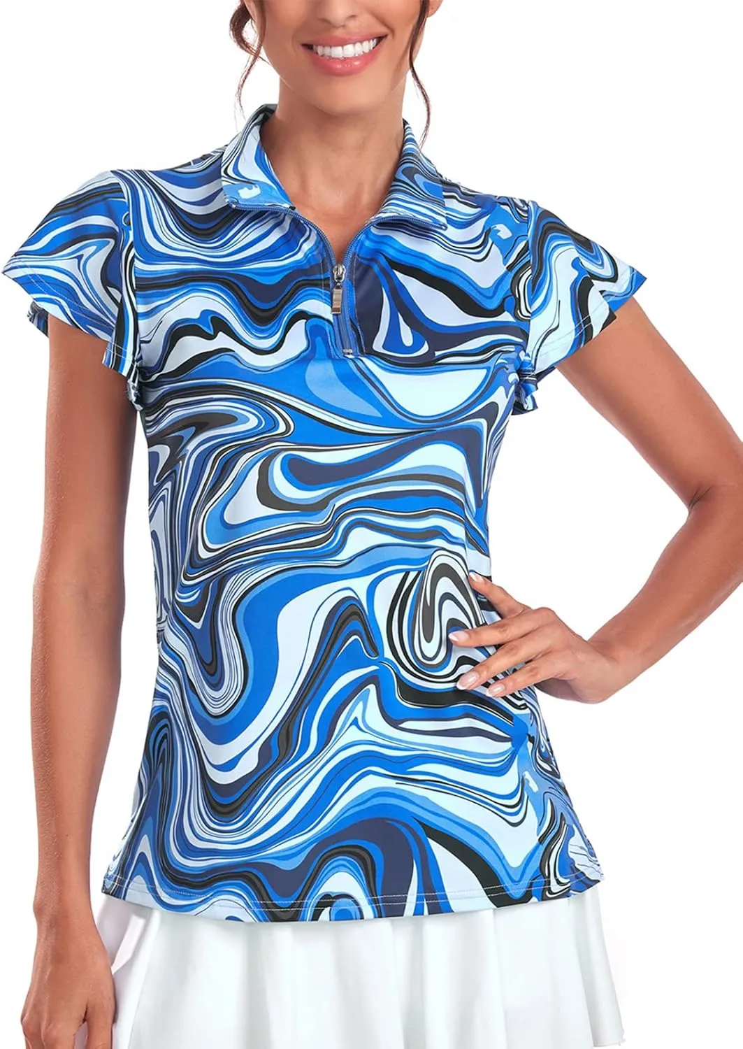 Tanst Sky Women's Golf Polo Shirts Zip Up Ruffles Short Sleeve Workout Tops Quick Dry