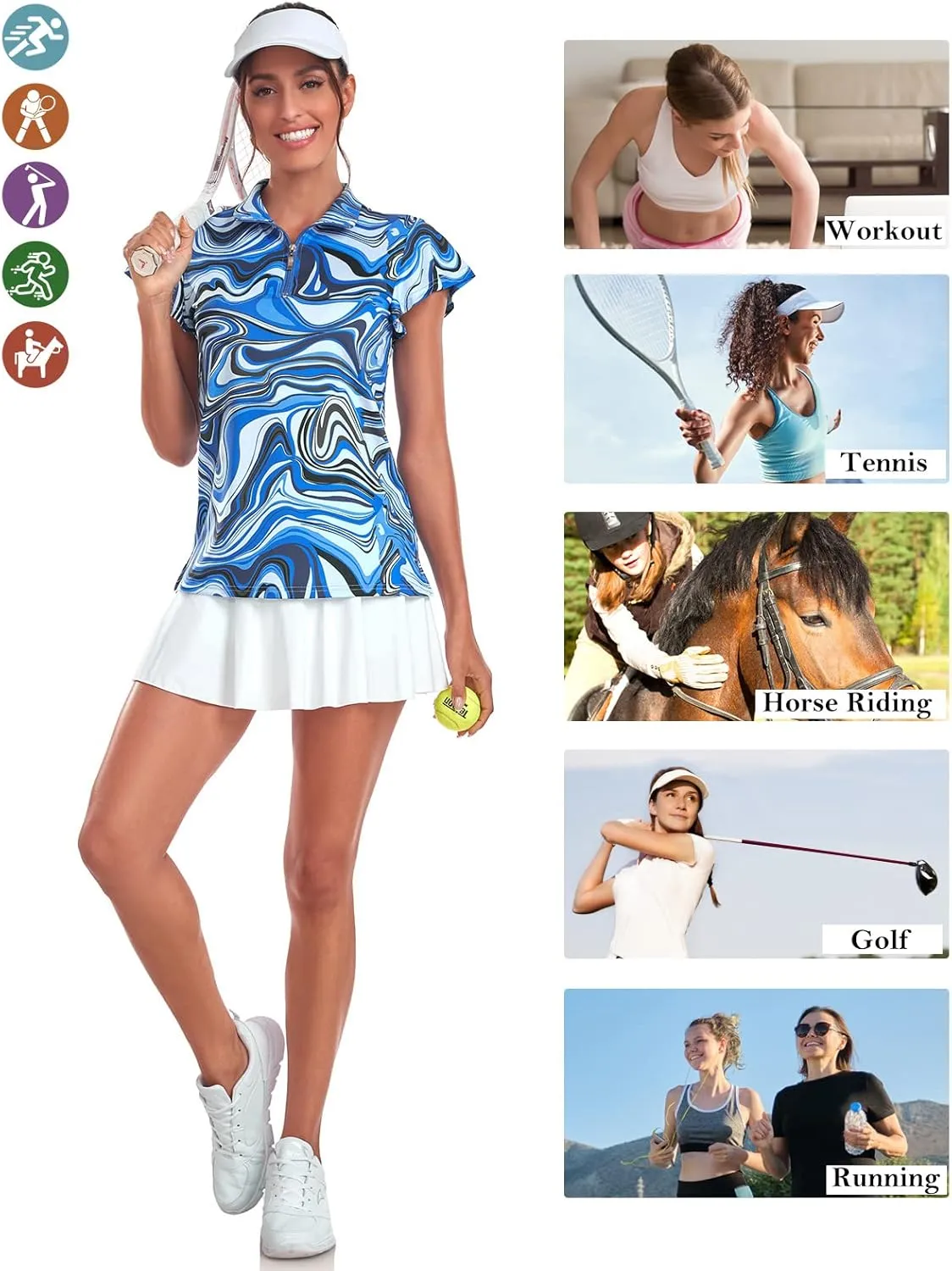 Tanst Sky Women's Golf Polo Shirts Zip Up Ruffles Short Sleeve Workout Tops Quick Dry