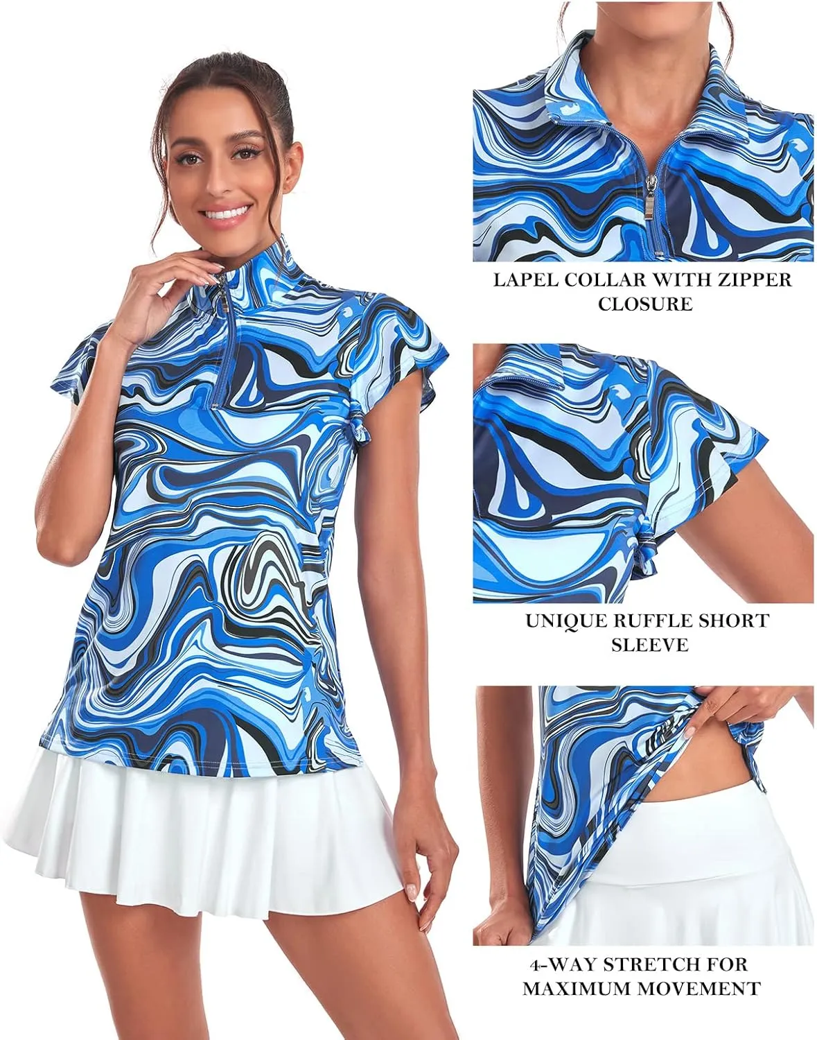 Tanst Sky Women's Golf Polo Shirts Zip Up Ruffles Short Sleeve Workout Tops Quick Dry