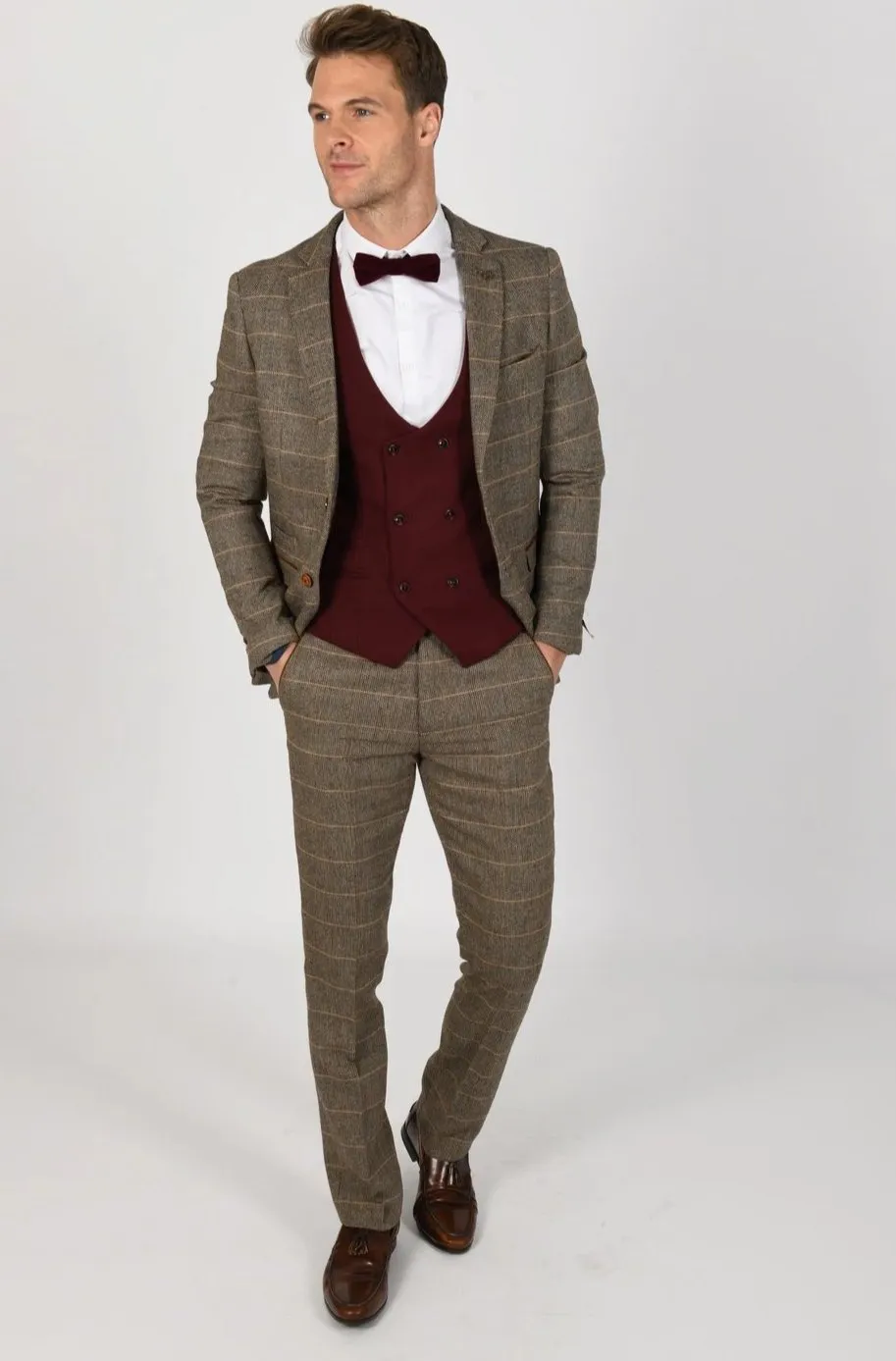 TED TAN SUIT WITH KELLY WINE DOUBLE BREASTED WAISTCOAT | Office suit | Check Suit | Wedding Suit