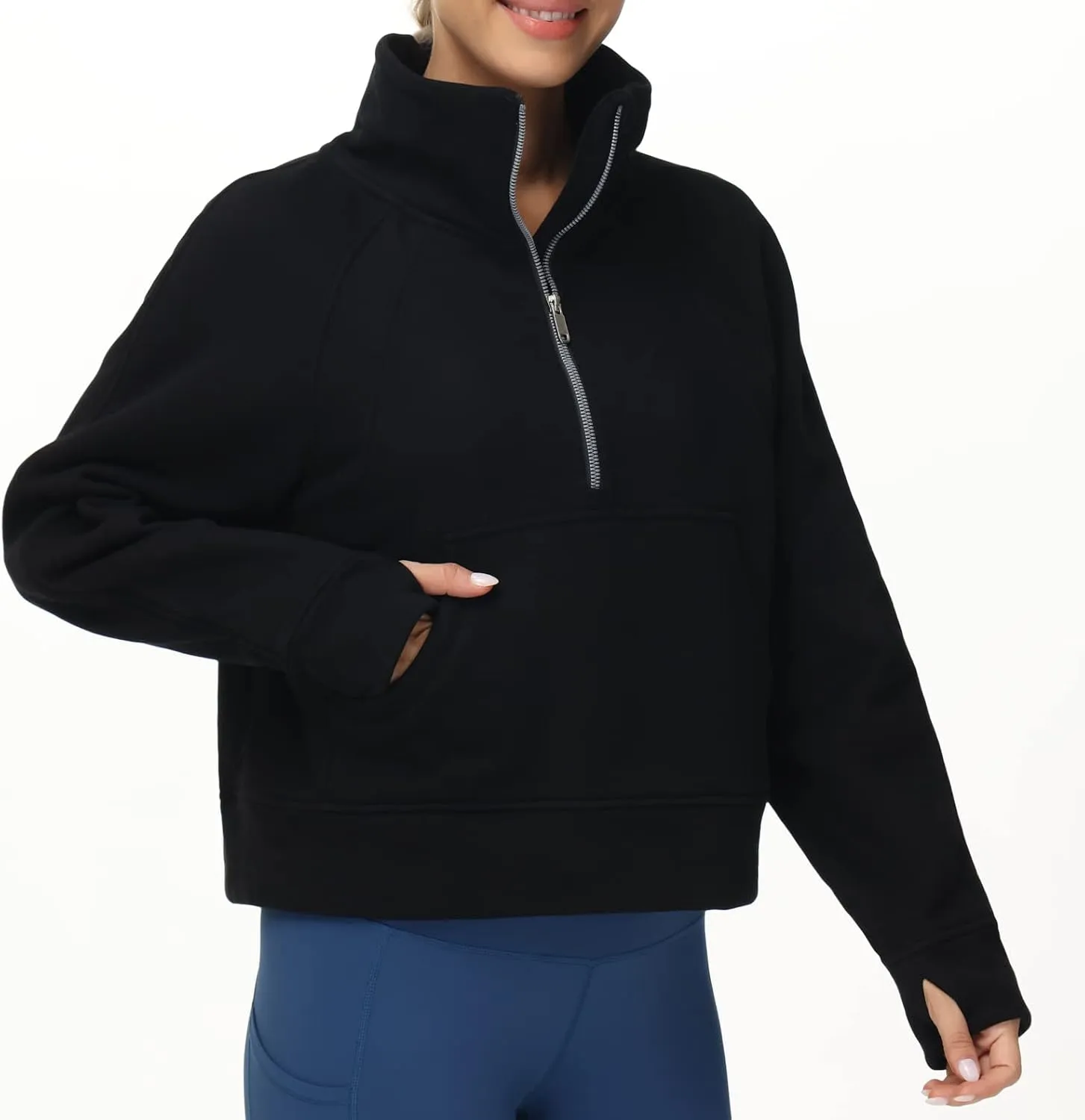 THE GYM PEOPLE Womens' Half Zip Pullover Fleece Stand Collar Crop Sweatshirt with Pockets Thumb Hole